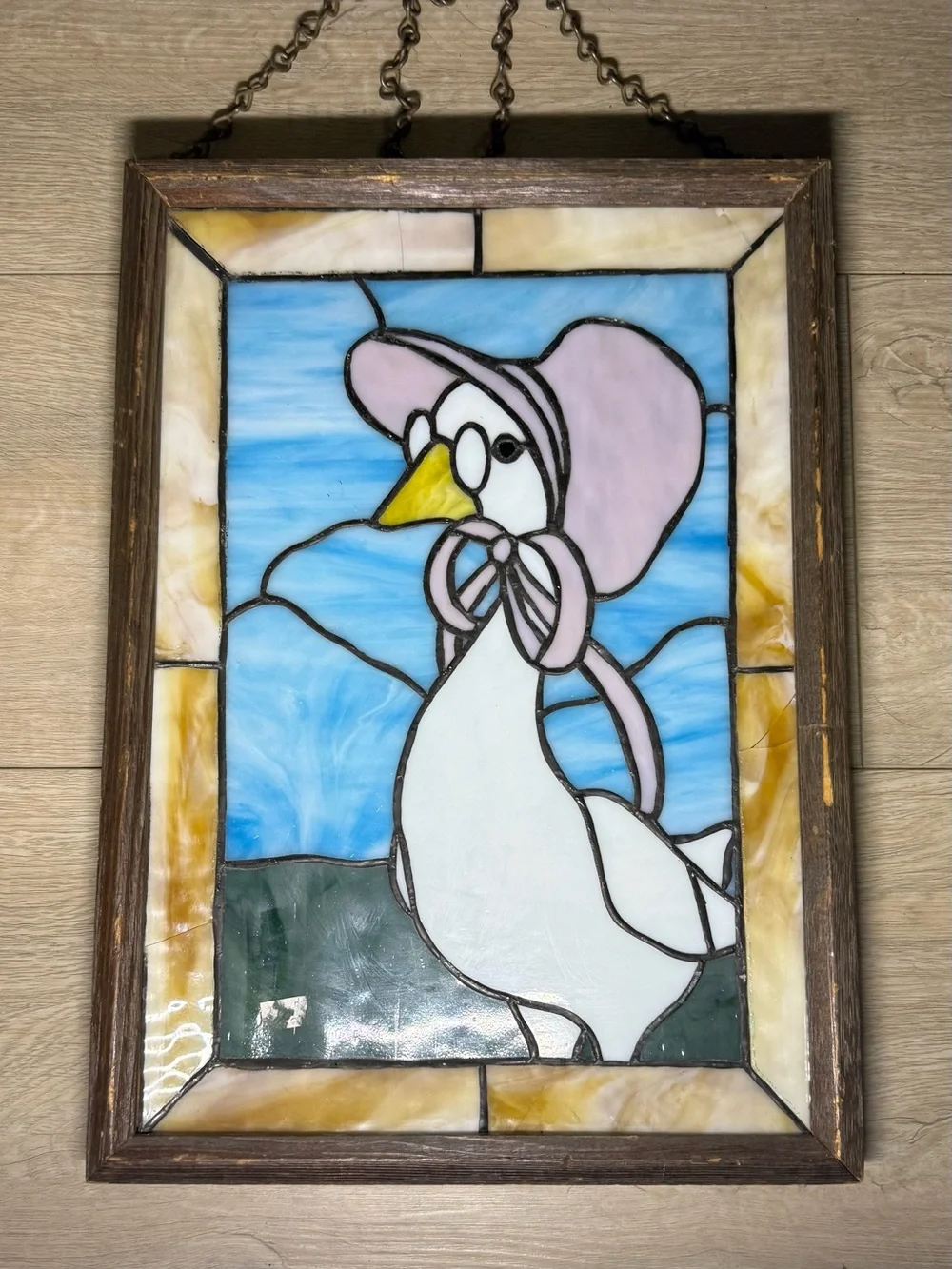 Vintage 1980s Hangable Stained Glass Art Goose Wearing Bonnet & Glasses